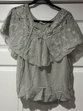 Lace Yoke Ruffle Blouse in Sage Green